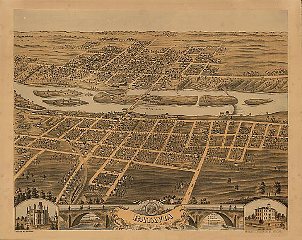 Bird's eye view of Batavia, Illinois by A. Ruger, 1869