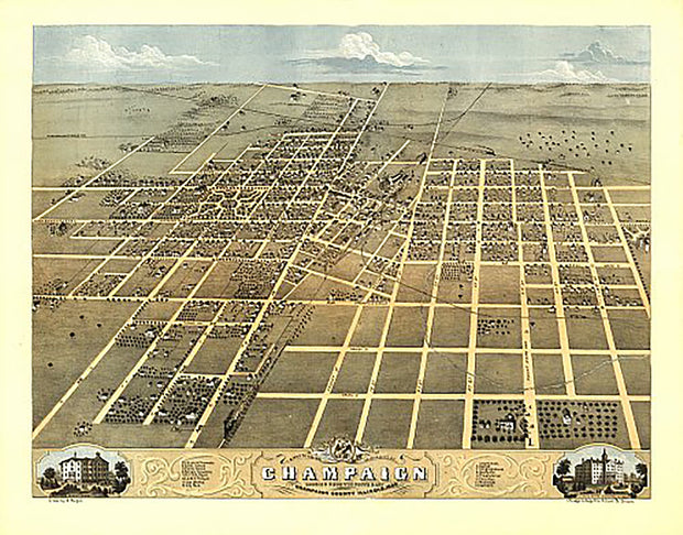 Bird's eye view of Champaign, Illinois by A. Ruger, 1869