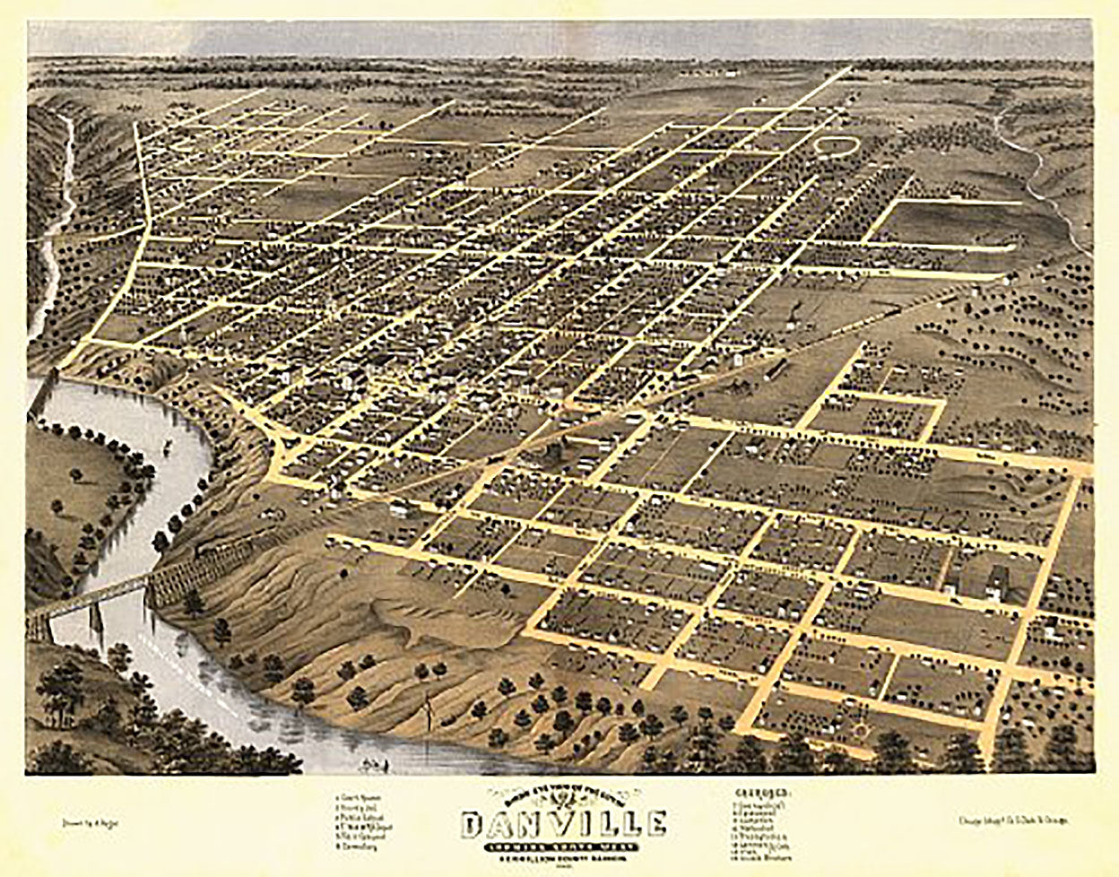 Bird's eye view of Danville, Illinois by A. Ruger, 1869