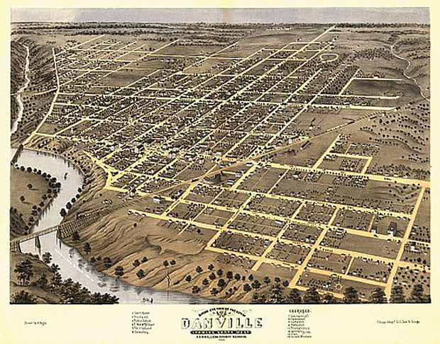 Bird's eye view of Danville, Illinois by A. Ruger, 1869