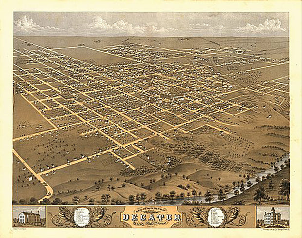 Bird's eye view of Decatur, Illinois by A. Ruger, 1869
