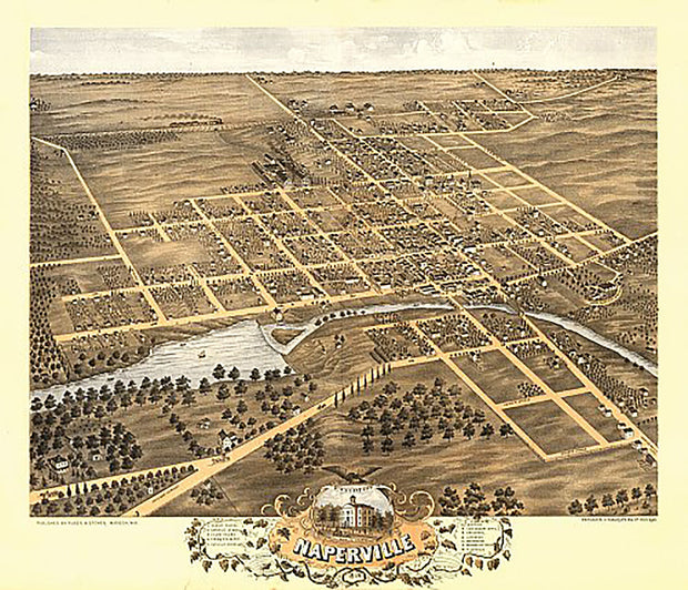 Bird's eye view of Naperville, Illinois by A. Ruger, 1869