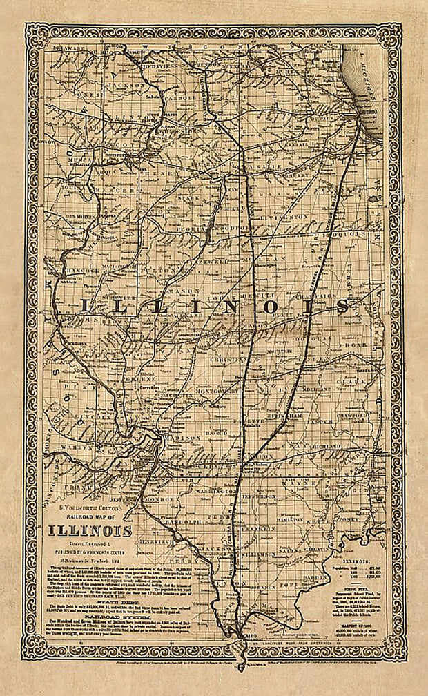 Colton's Railroad Map of Illinois, 1861