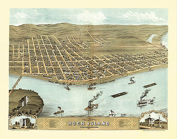 Bird's eye view of Rock Island, Illinois by A. Ruger, 1869