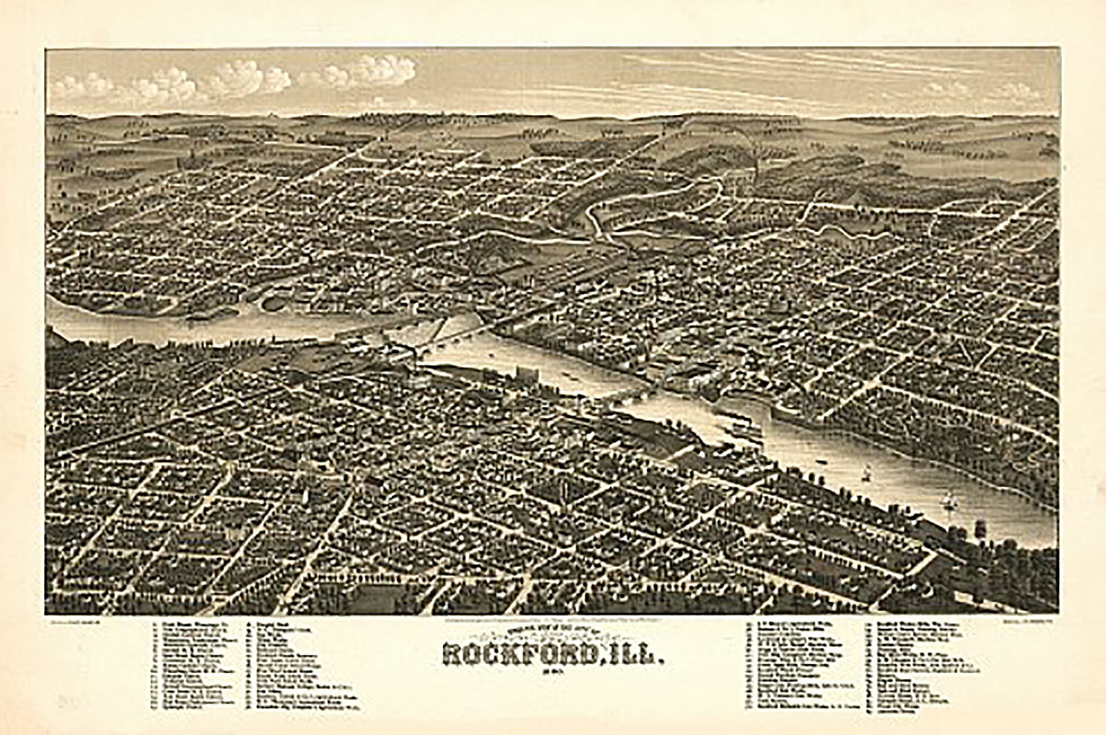 Bird's eye view of Rockford, Illinois by Beck & Pauli, 1880