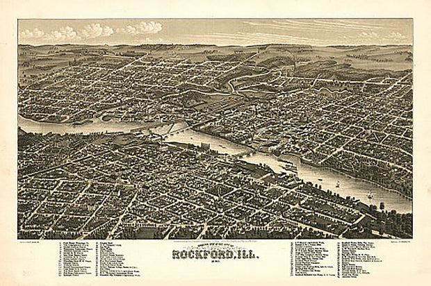 Bird's eye view of Rockford, Illinois by Beck & Pauli, 1880