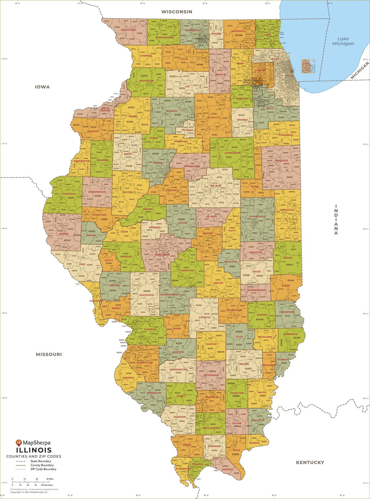 Illinois Zip Code Map with Counties – American Map Store
