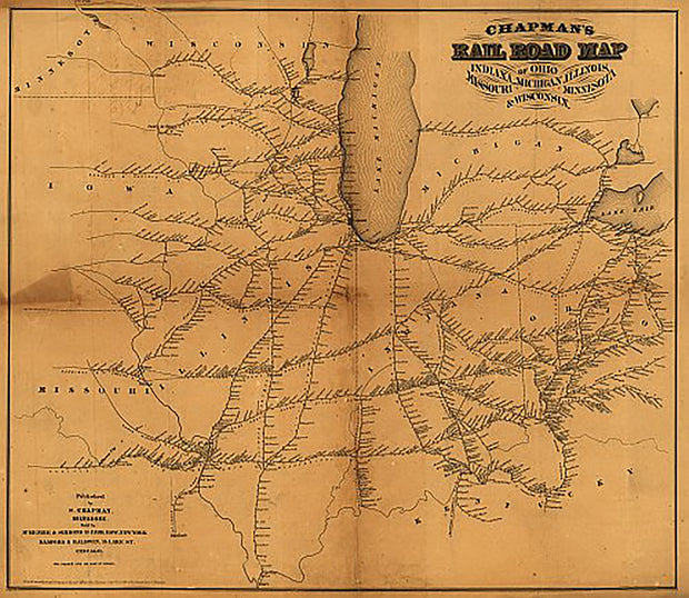 Chapman's Rail Road Map of Ohio, Indiana, Michigan, Illinois, Missouri, Minnesota, & Wisconsin, 1859