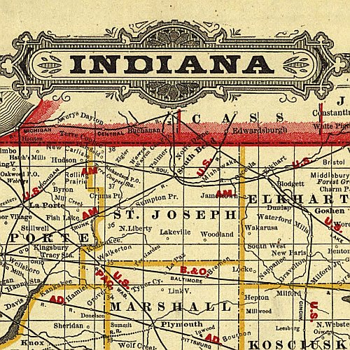 Cram's Township and Rail Road Map of Indiana, 1888