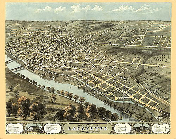 Bird's eye view of the city of Lafayette, Indiana by A. Ruger, 1868