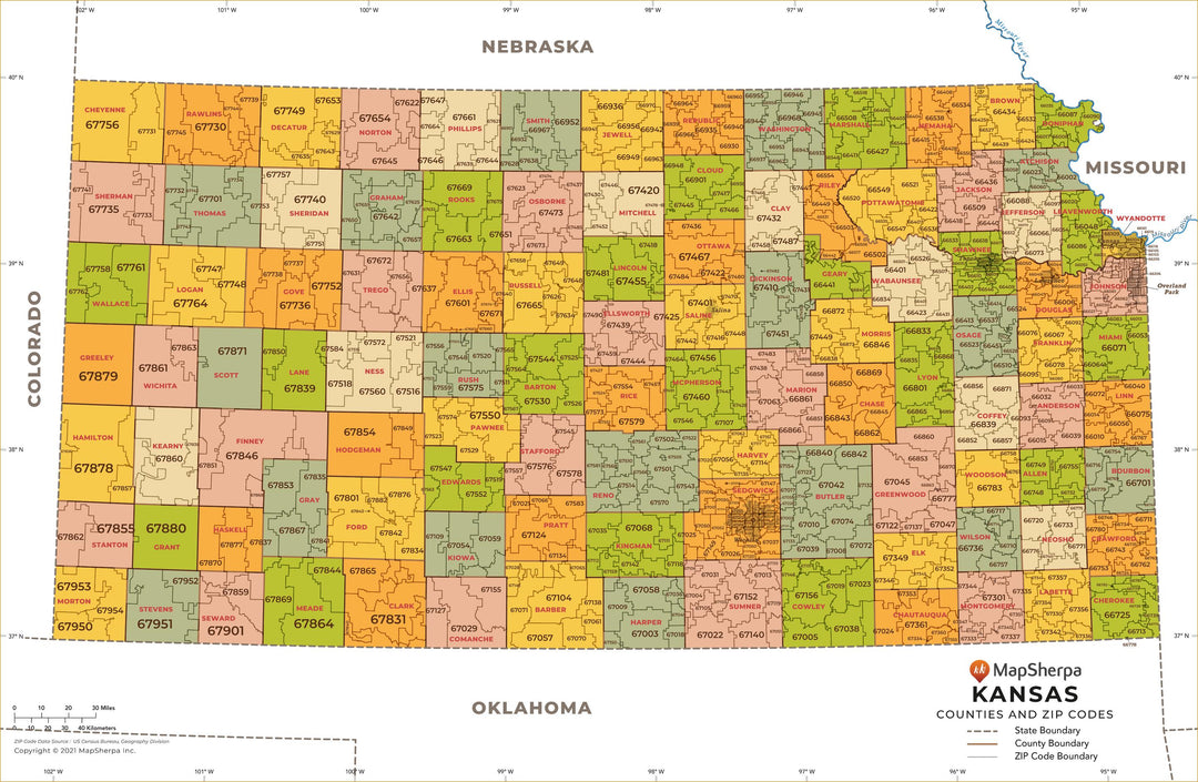 Kansas Zip Code Map with Counties