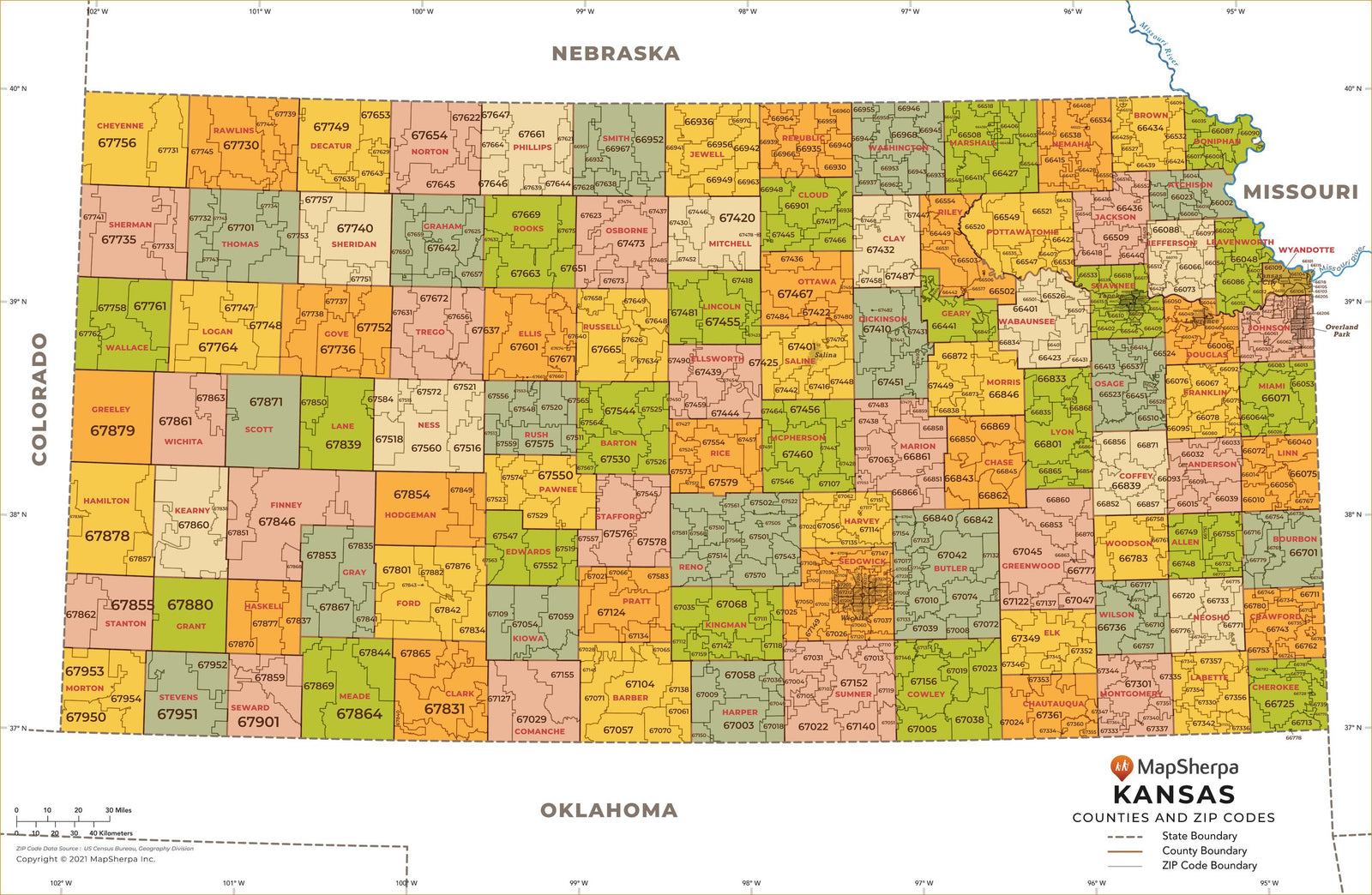 Kansas Zip Code Map with Counties