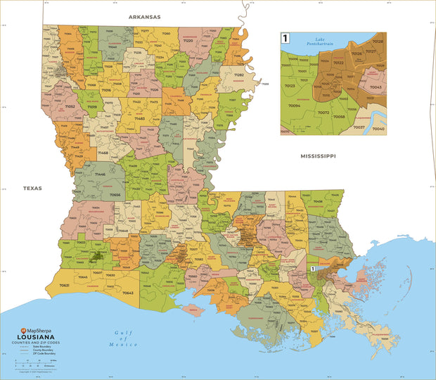 Lousiana Zip Code Map with Parishes (Counties)