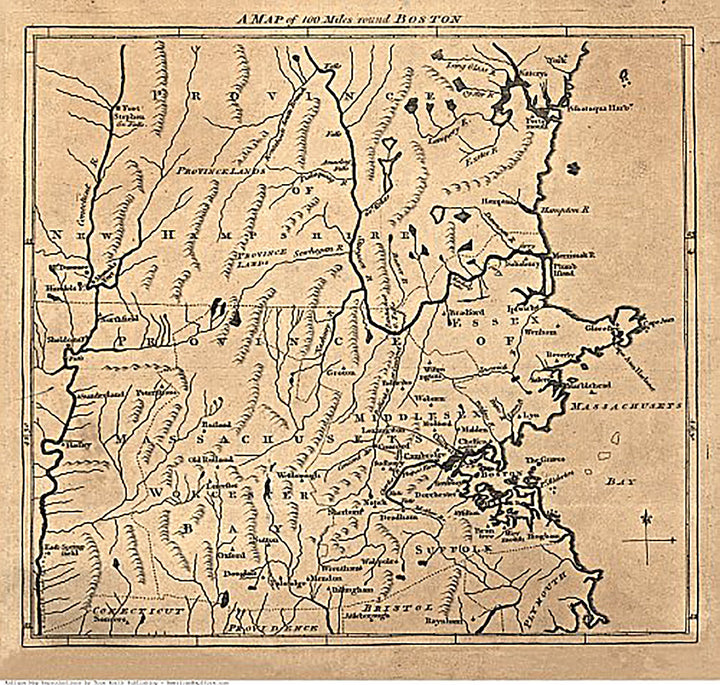 A Map of 100 miles round Boston, 1775