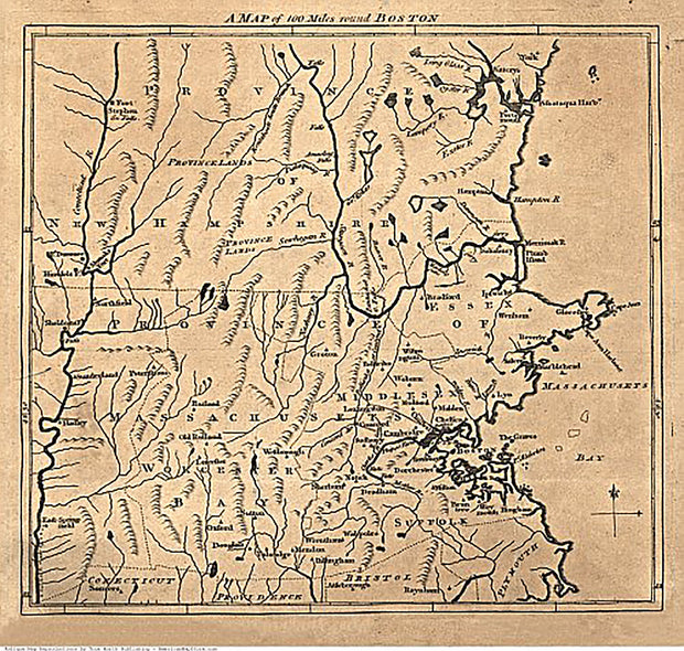 A Map of 100 miles round Boston, 1775