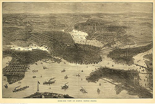 Bird's-eye view of Boston by T. Sulman, 1870s