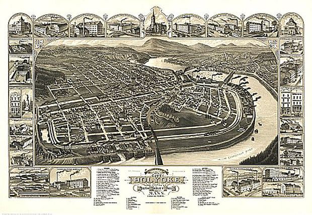 Bird's eye view of the city of Holyoke and Village of South Hadley Falls, Mass. by A. F. Poole, 1881