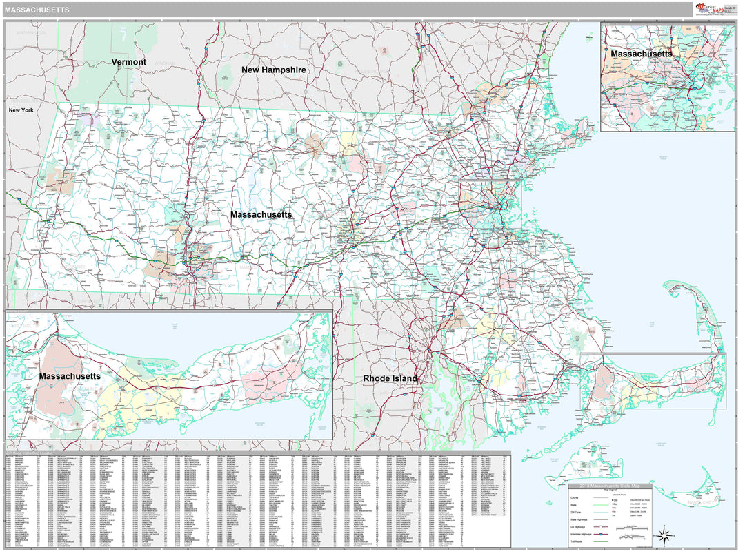 Premium Style Wall Map of Massachusetts