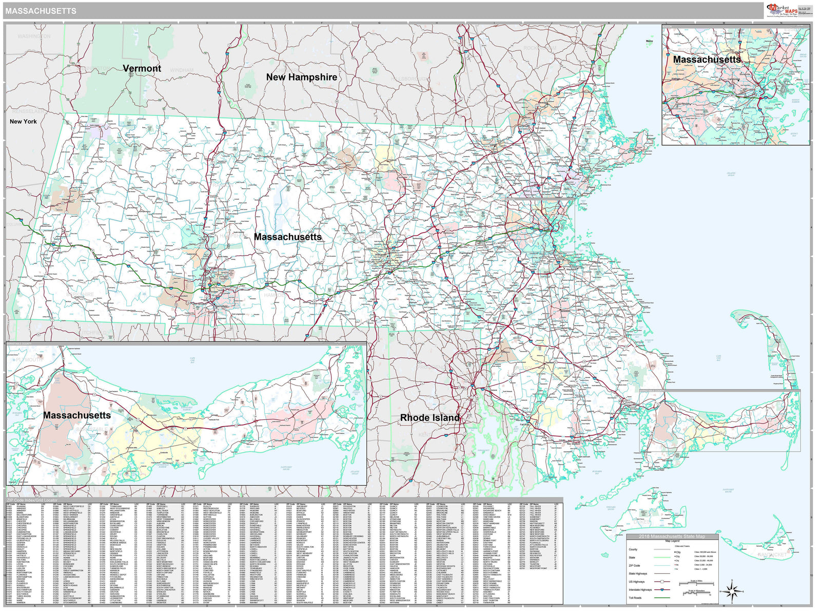 Premium Style Wall Map of Massachusetts
