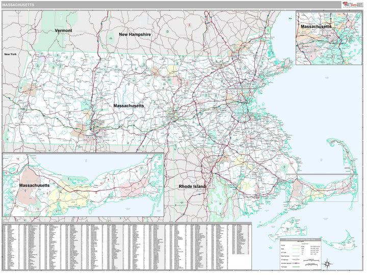 Premium Style Wall Map of Massachusetts