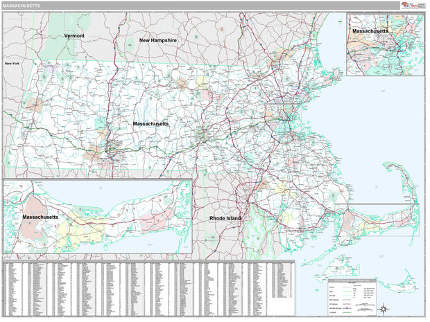 Premium Style Wall Map of Massachusetts by Market Maps