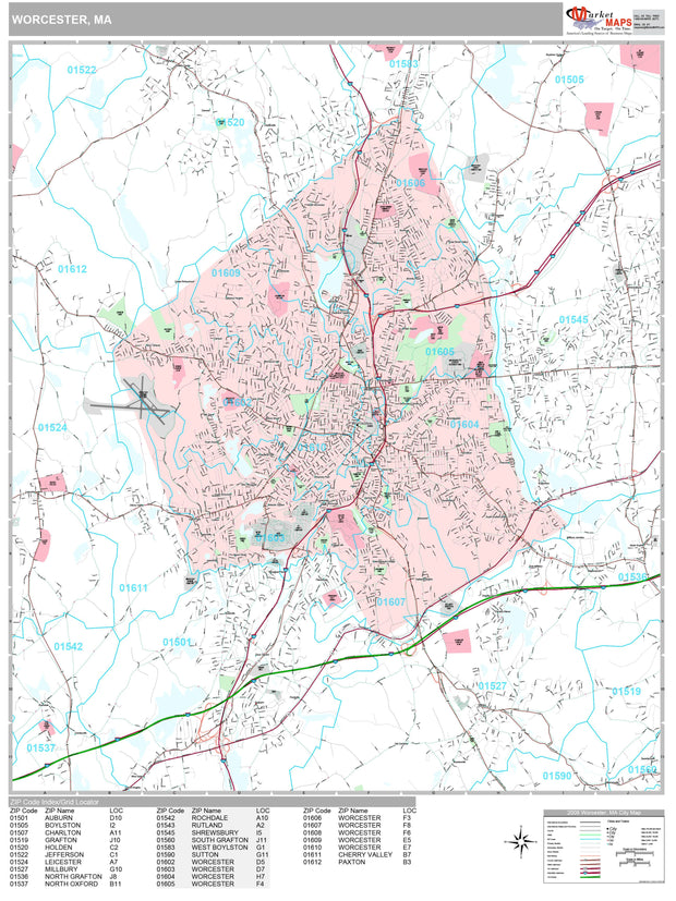 Premium Style Wall Map of Worcester, MA by Market Maps