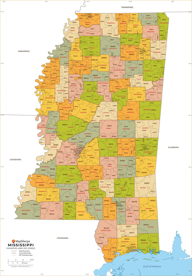 Mississippi Zip Code Map with Counties