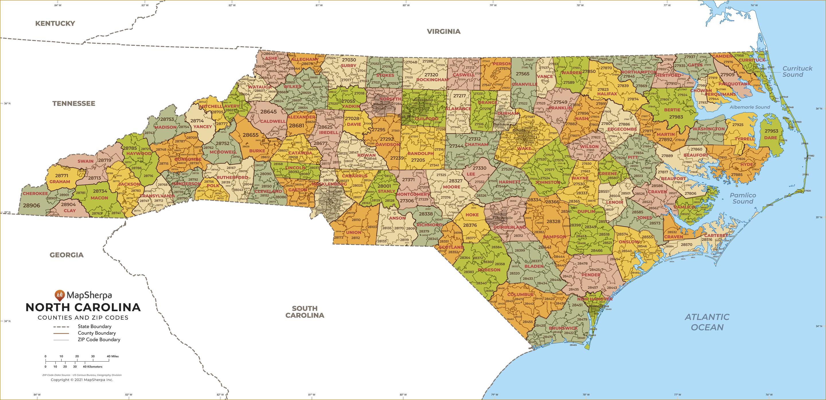 North Carolina Zip Code Map with Counties – American Map Store