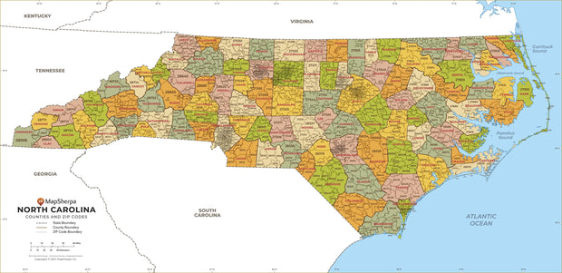 North Carolina Zip Code Map with Counties