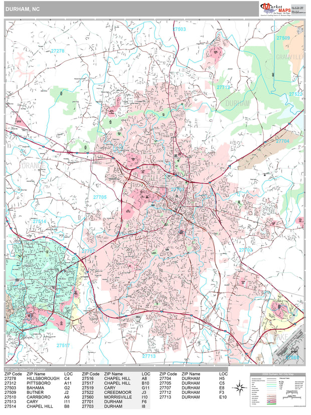 Premium Style Wall Map of Durham, NC by Market Maps