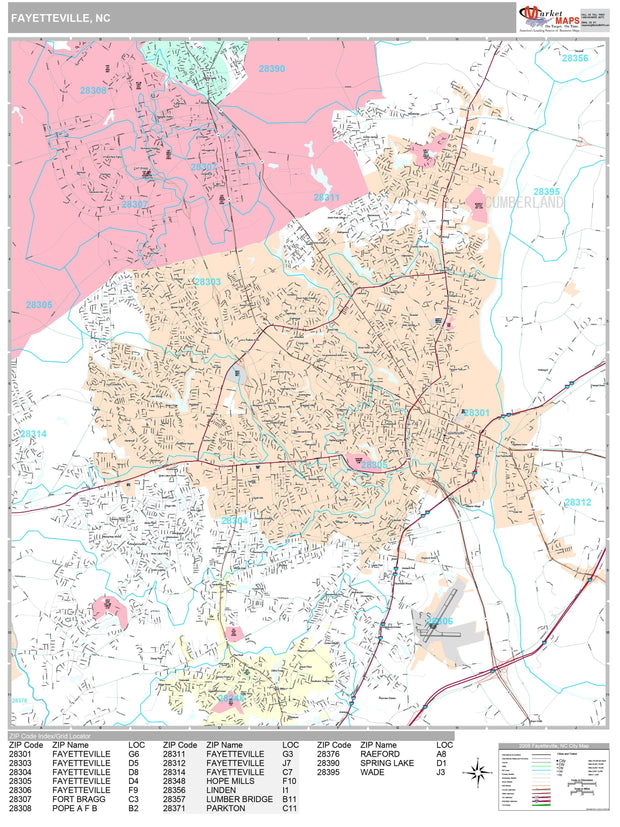 Premium Style Wall Map of Fayetteville, NC by Market Maps