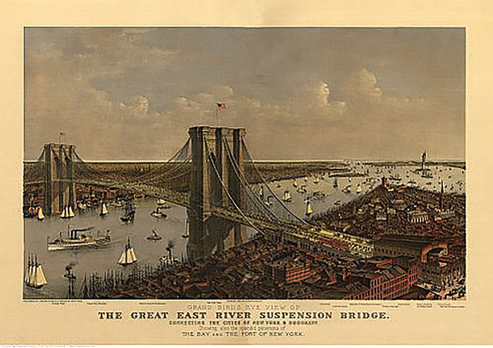 Grand Birds Eye View of the Great East River Suspension (Brooklyn) Bridge by Currier &amp; Ives, 1885