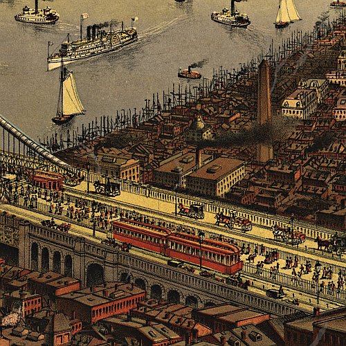 Grand Birds Eye View of the Great East River Suspension (Brooklyn) Bridge by Currier &amp; Ives, 1885