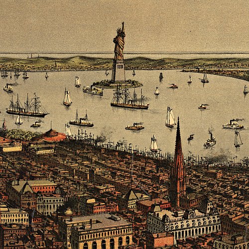 Grand Birds Eye View of the Great East River Suspension (Brooklyn) Bridge by Currier &amp; Ives, 1885
