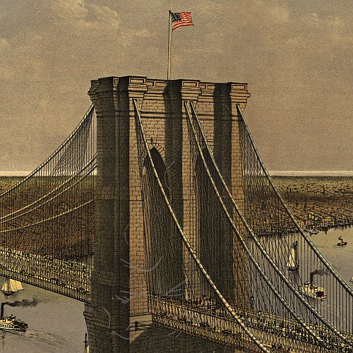 Grand Birds Eye View of the Great East River Suspension (Brooklyn) Bridge by Currier & Ives, 1885