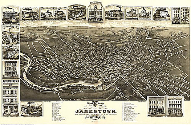 Bird's eye view of the village of Jamestown, New York. Drawn by H. Brosius & A. F. Poole, 1882