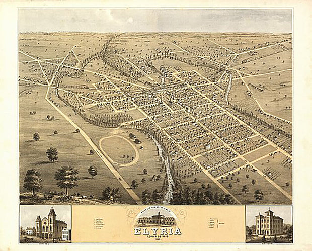 Bird's eye view of the town of Elyria, Ohio by A. Ruger, 1868