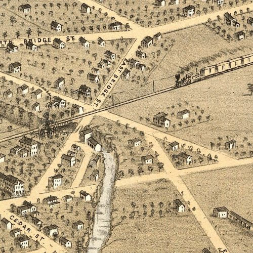 Bird's eye view of the town of Elyria, Ohio by A. Ruger, 1868