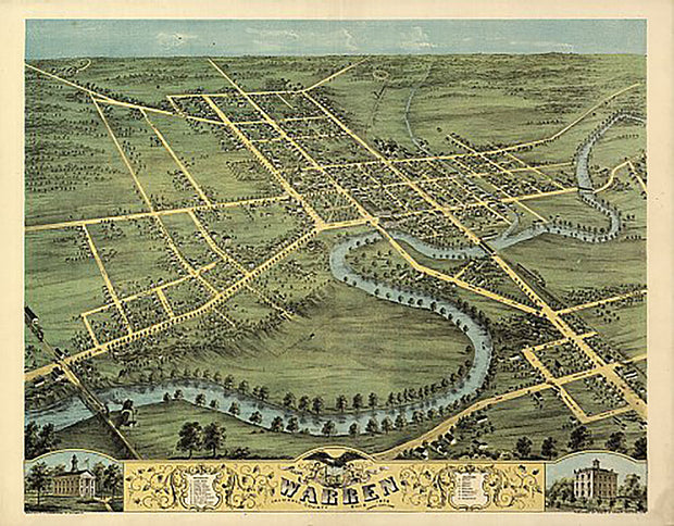 Bird's eye view of Warren, Ohio by A. Ruger, 1870