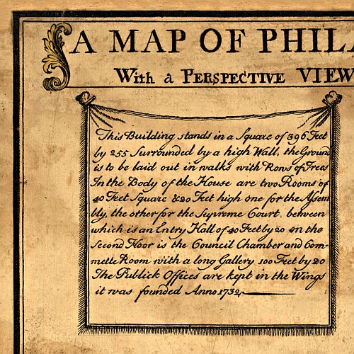 A map of Philadelphia and parts adjacent with a perspective view of the State-House by N. Scull and G. Heap, 1752