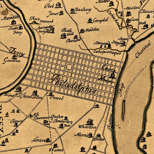 A map of Philadelphia and parts adjacent with a perspective view of the State-House by N. Scull and G. Heap, 1752