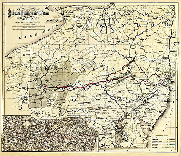 Map showing the Seaboard, Pennsylvania and Western Railroad and its connections by G.W. & C.B. Colton & Co., 1884