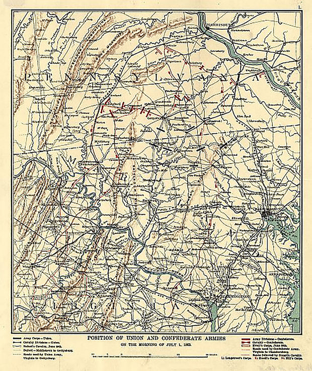 Position of Union and Confederate armies on the morning of July 1, 1863