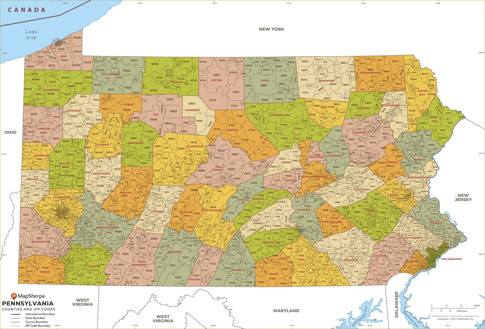 Pennsylvania Zip Code Map with Counties