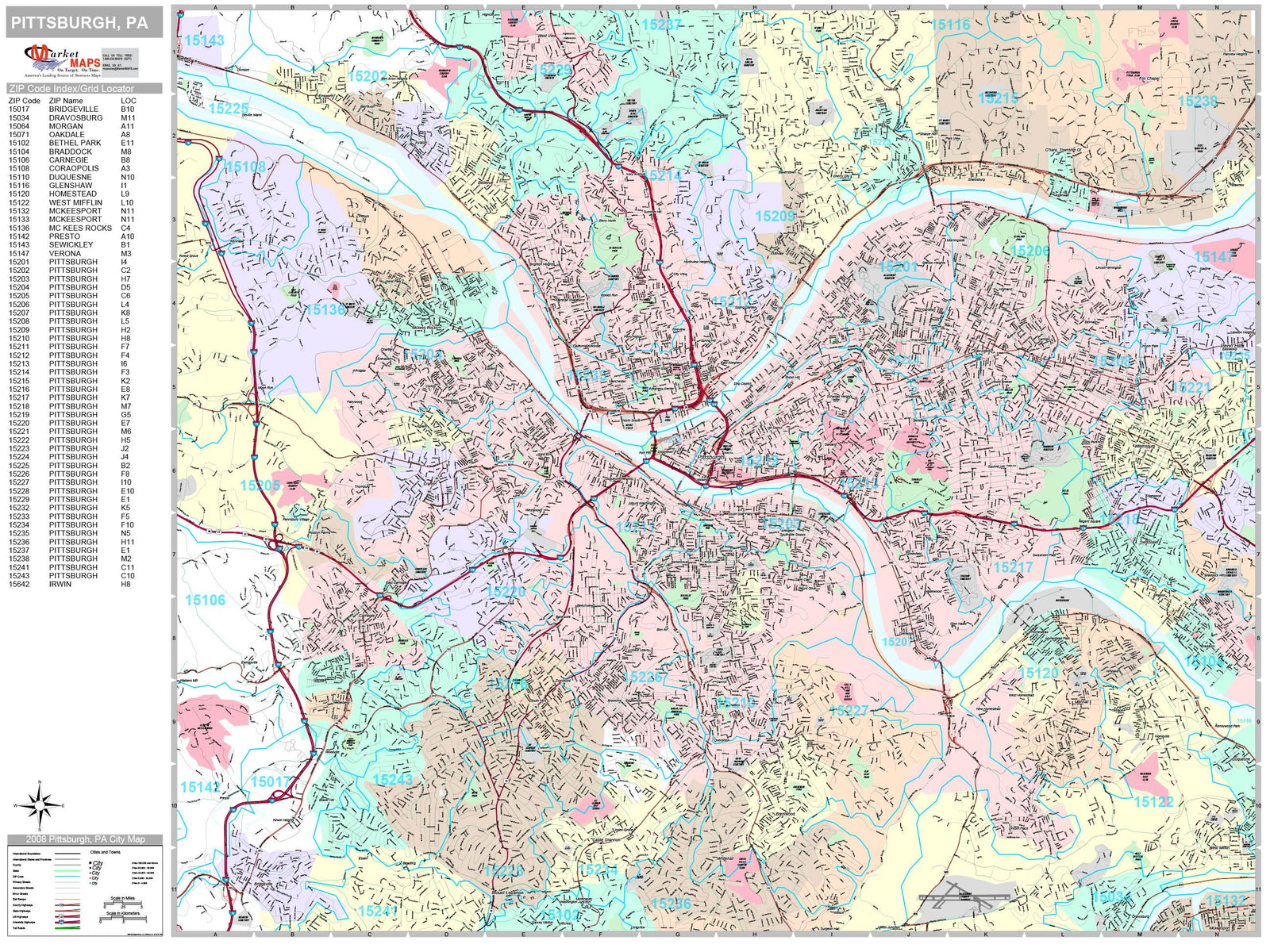 Premium Style Wall Map of Pittsburgh PA