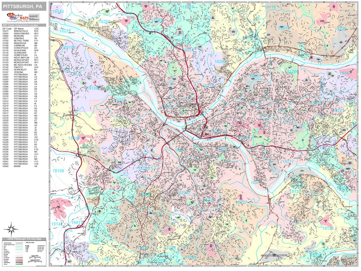 Premium Style Wall Map of Pittsburgh PA