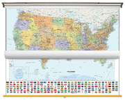 Classic US and World Map with Flags Classroom Pull Down 2 Map Bundle