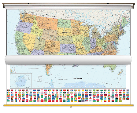 Classic US and World Map with Flags Classroom Pull Down 2 Map Bundle