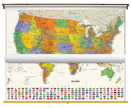 Contemporary US and World Map with Flags Classroom Pull Down 2 Map Bundle