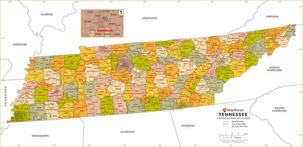 Tennessee Zip Code Map with Counties